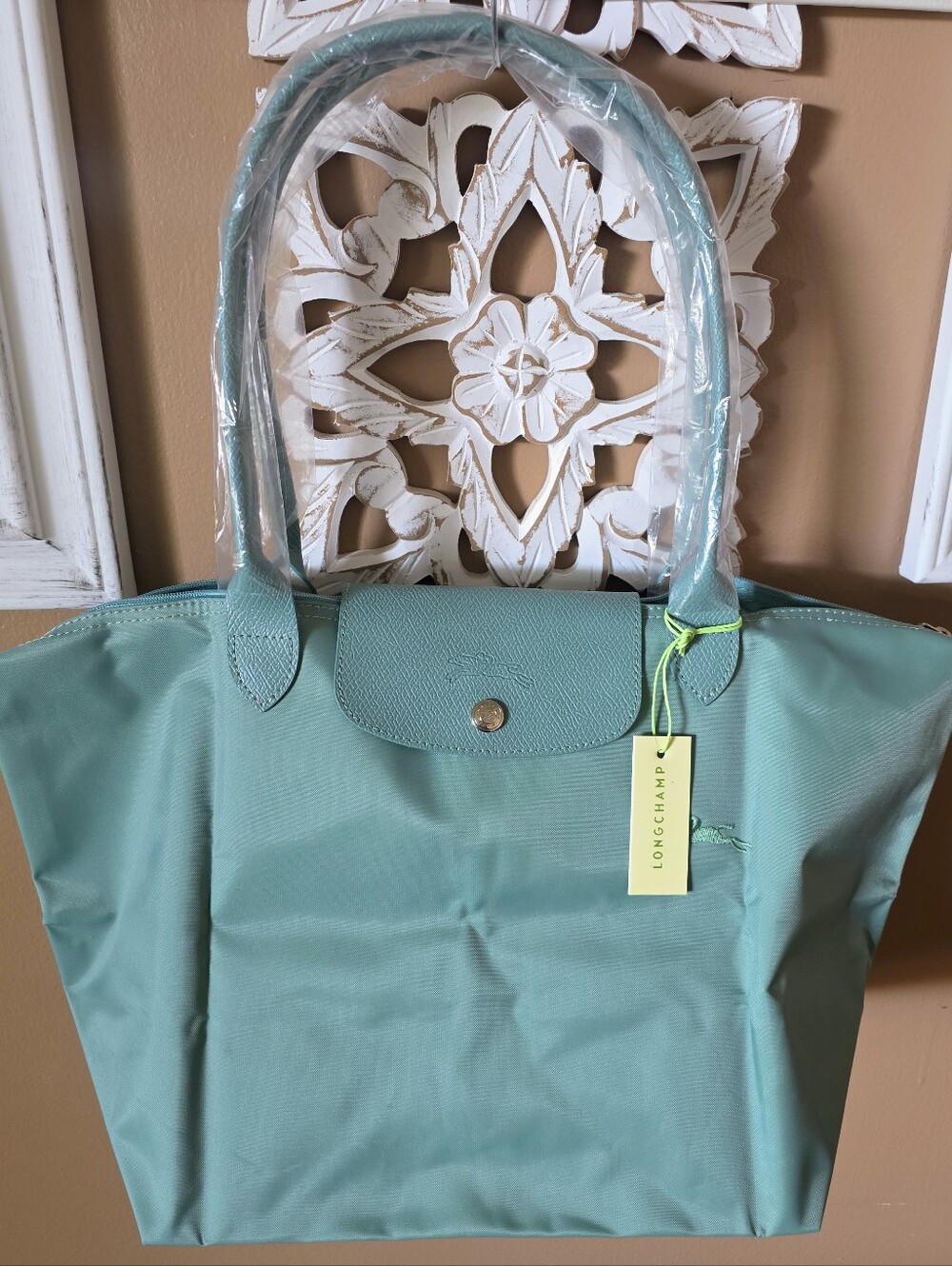 Longchamp Mint Green Nylon Tote with Leather Trim